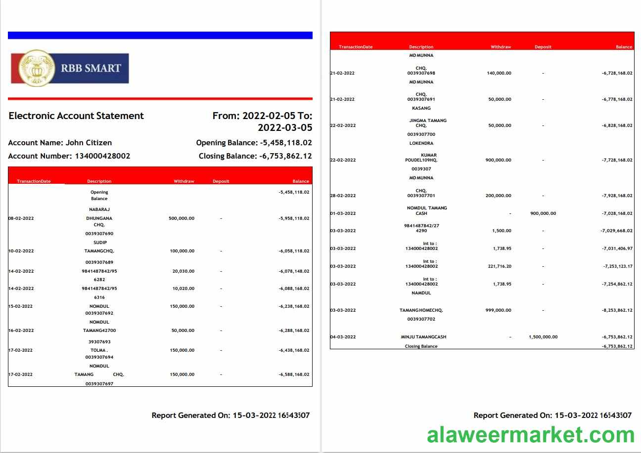 India RBB Smart bank statement 2 pages